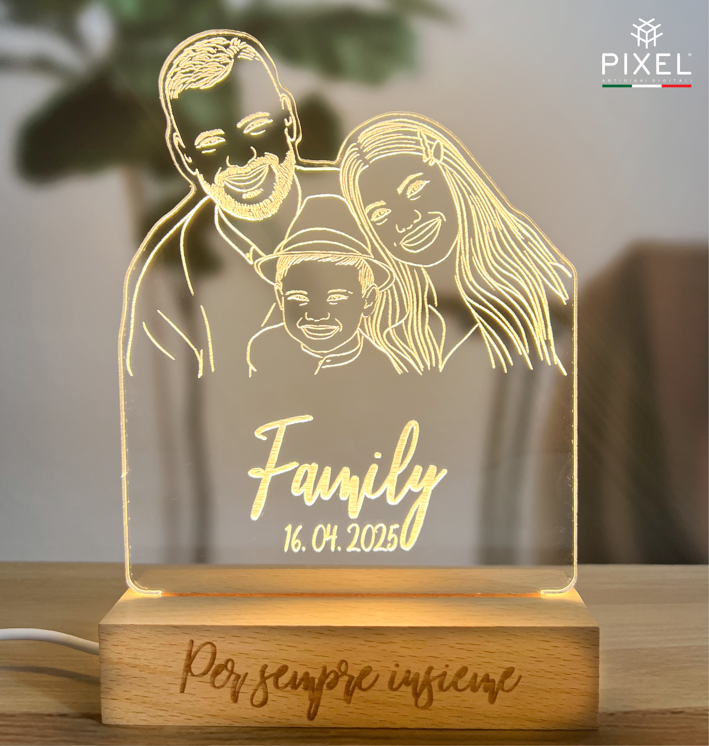 Personalisierte Lampe mit 3D-Fotogravur im Line-Art-Stil